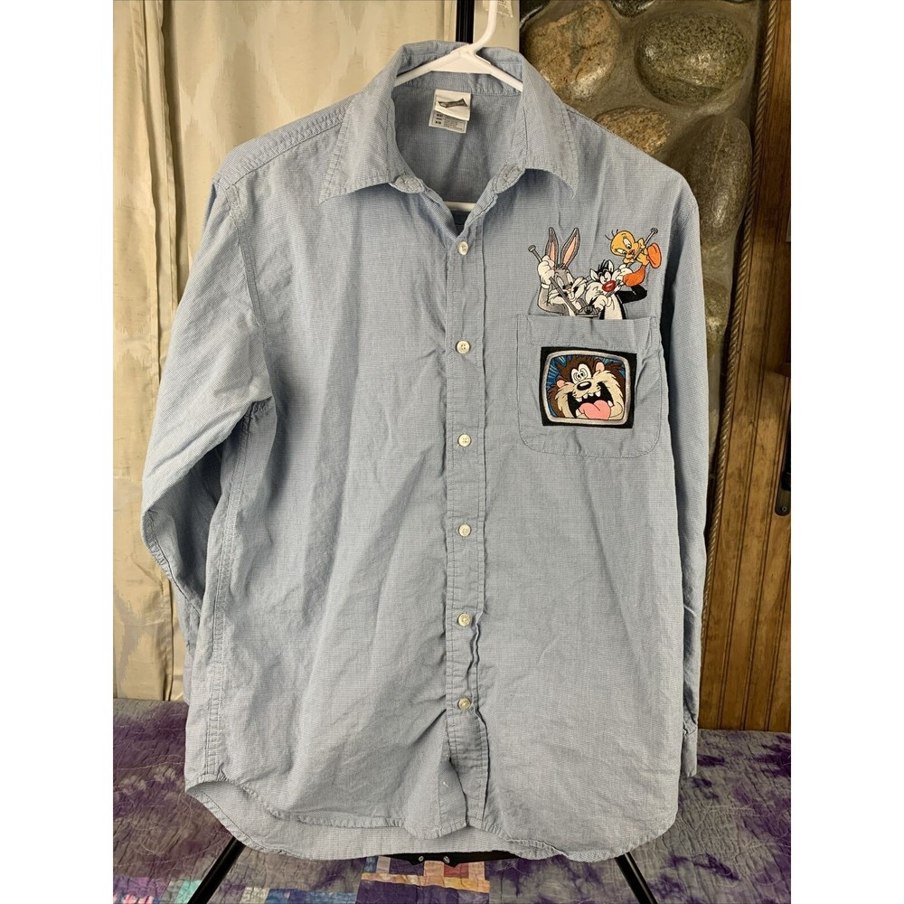 Vintage Warner Bros 1999 Looney Tunes Men’s XS Embroidered Blue Button Up Shirt - Picture 1 of 10